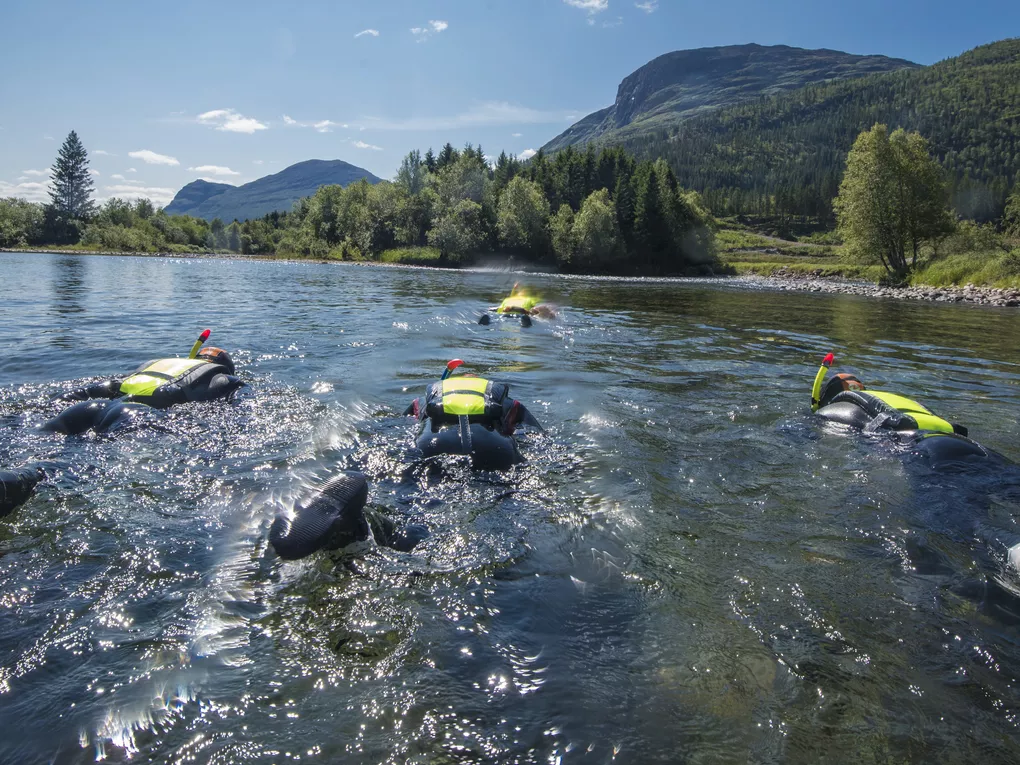 Mennekser som elvesnorkler i hemsila i Hemsedal