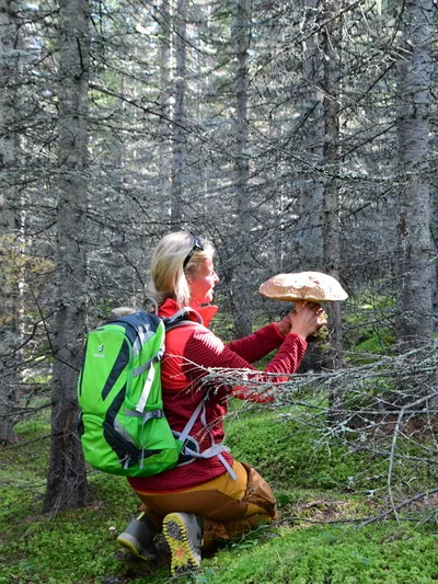 Dame som holder stor sopp i skogen.